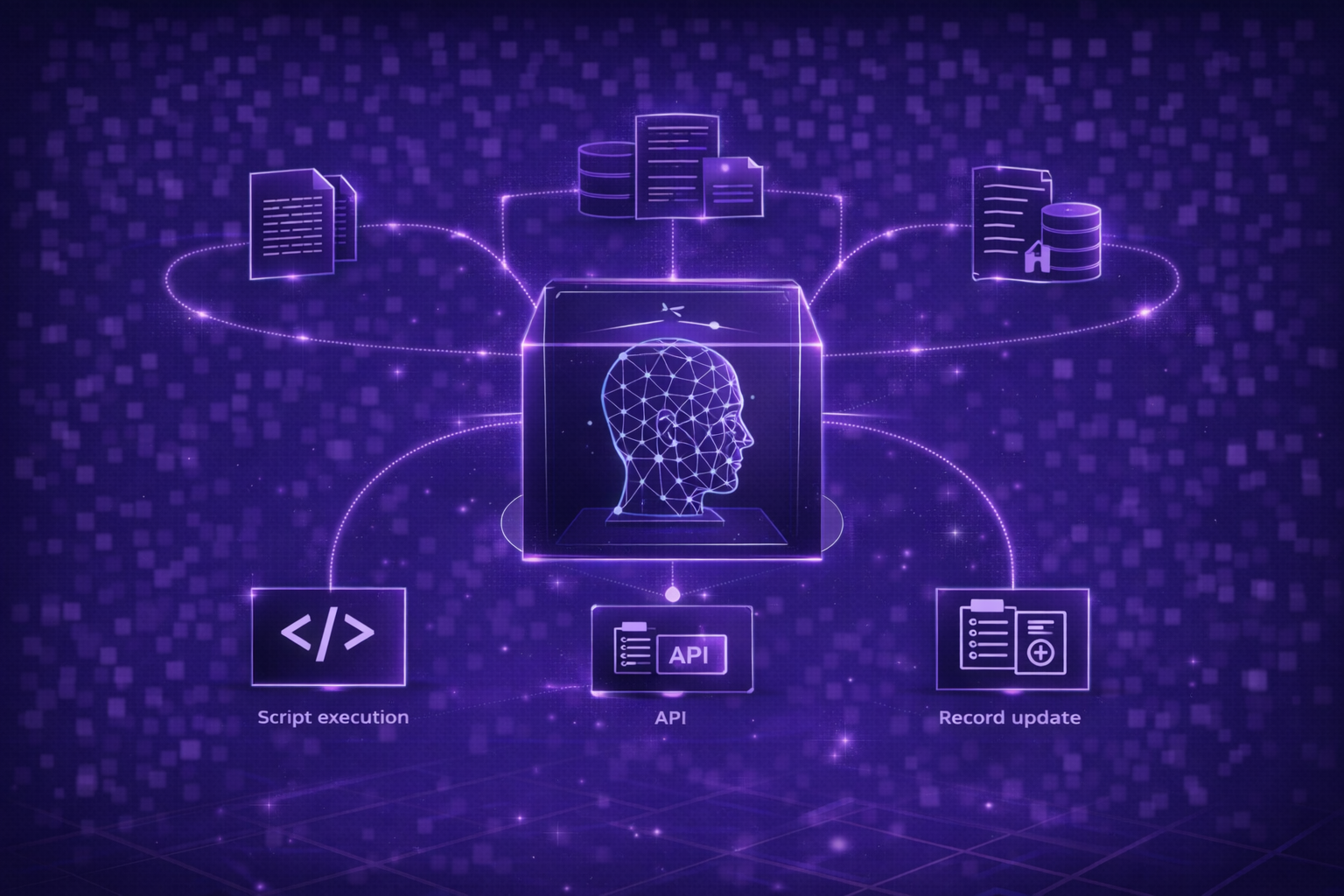 Agent builder interface showing system prompt configuration, knowledge base attachment, reusable skills assignment including API calls, script executions and record updates, and persistent memory connection for context across workflow runs