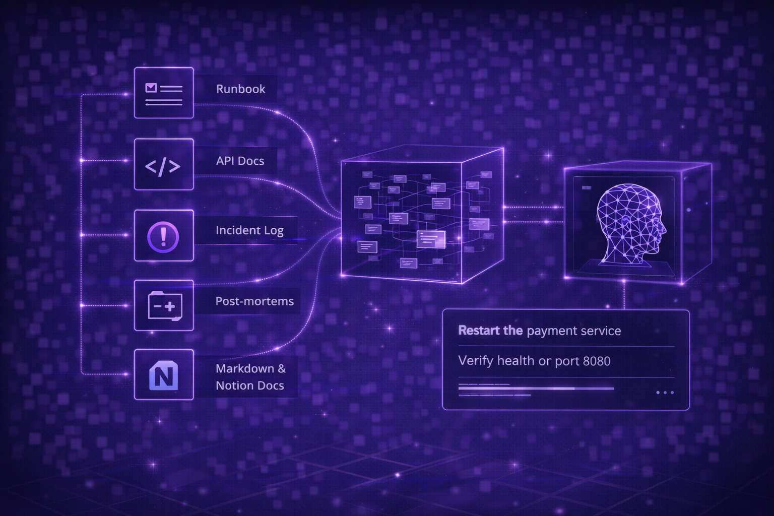 Knowledge base interface showing runbooks, API documentation, incident logs, post-mortems, and Notion and Markdown docs chunked, embedded, and indexed into a vector store for semantic search and grounded agent responses without hallucinations