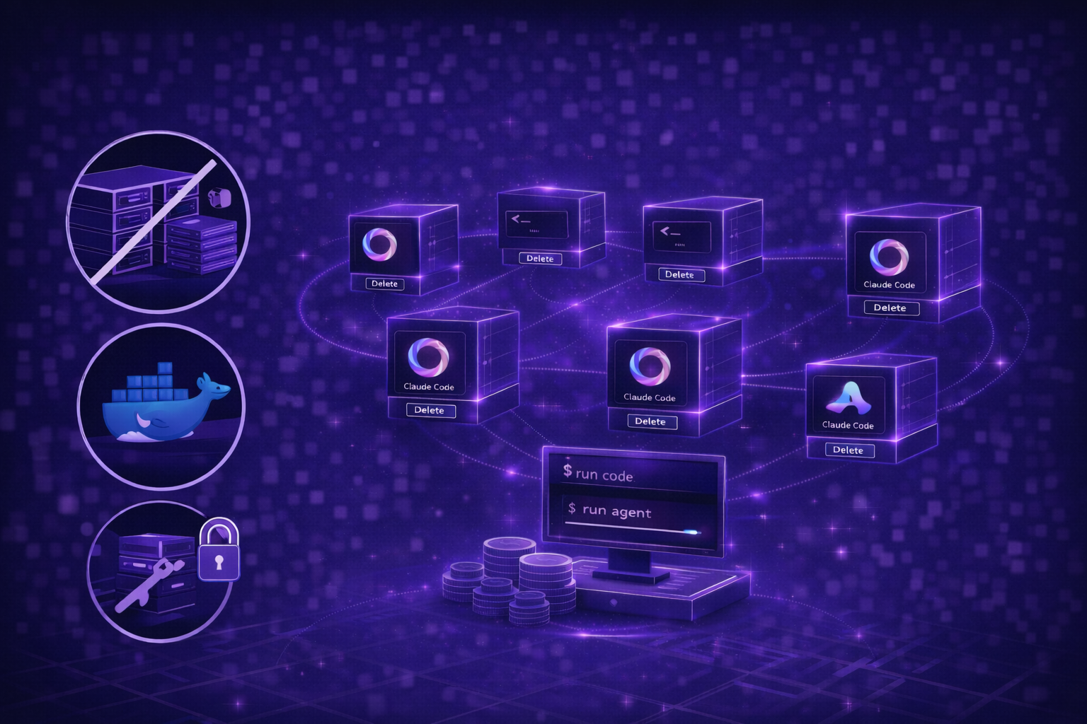 Illustration showing one-click disposable sandbox replacing VPS server setup, Docker configuration, and SSH key management with isolated pre-configured sandboxes that spin up instantly and tear down when done