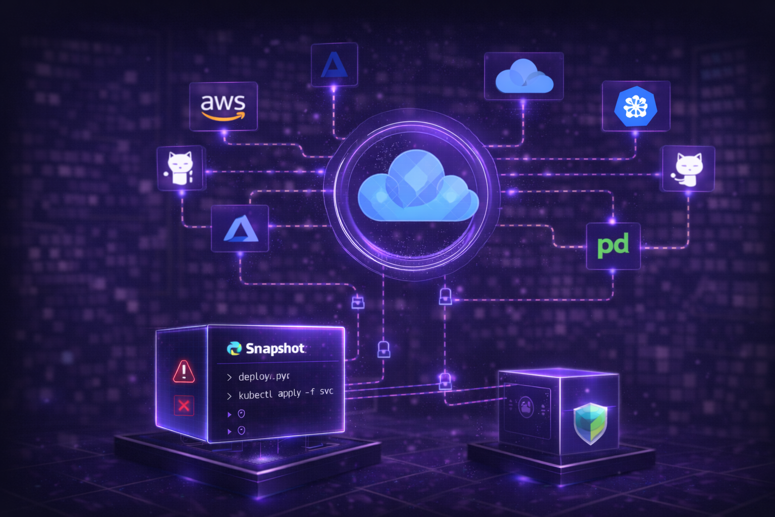 Diagram showing sandbox cloud integrations connected to AWS, GCP, Azure, Kubernetes, GitHub, Datadog, and PagerDuty with runtime credential injection from encrypted vault