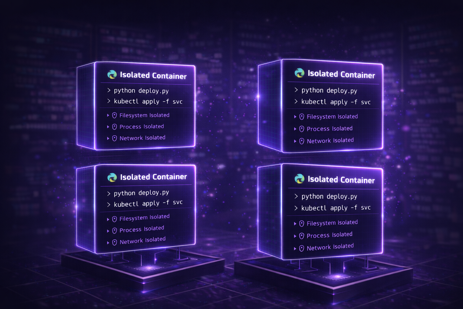 Diagram showing fully isolated container sandbox with dedicated filesystem, process space, and network context — no shared state between workflow runs