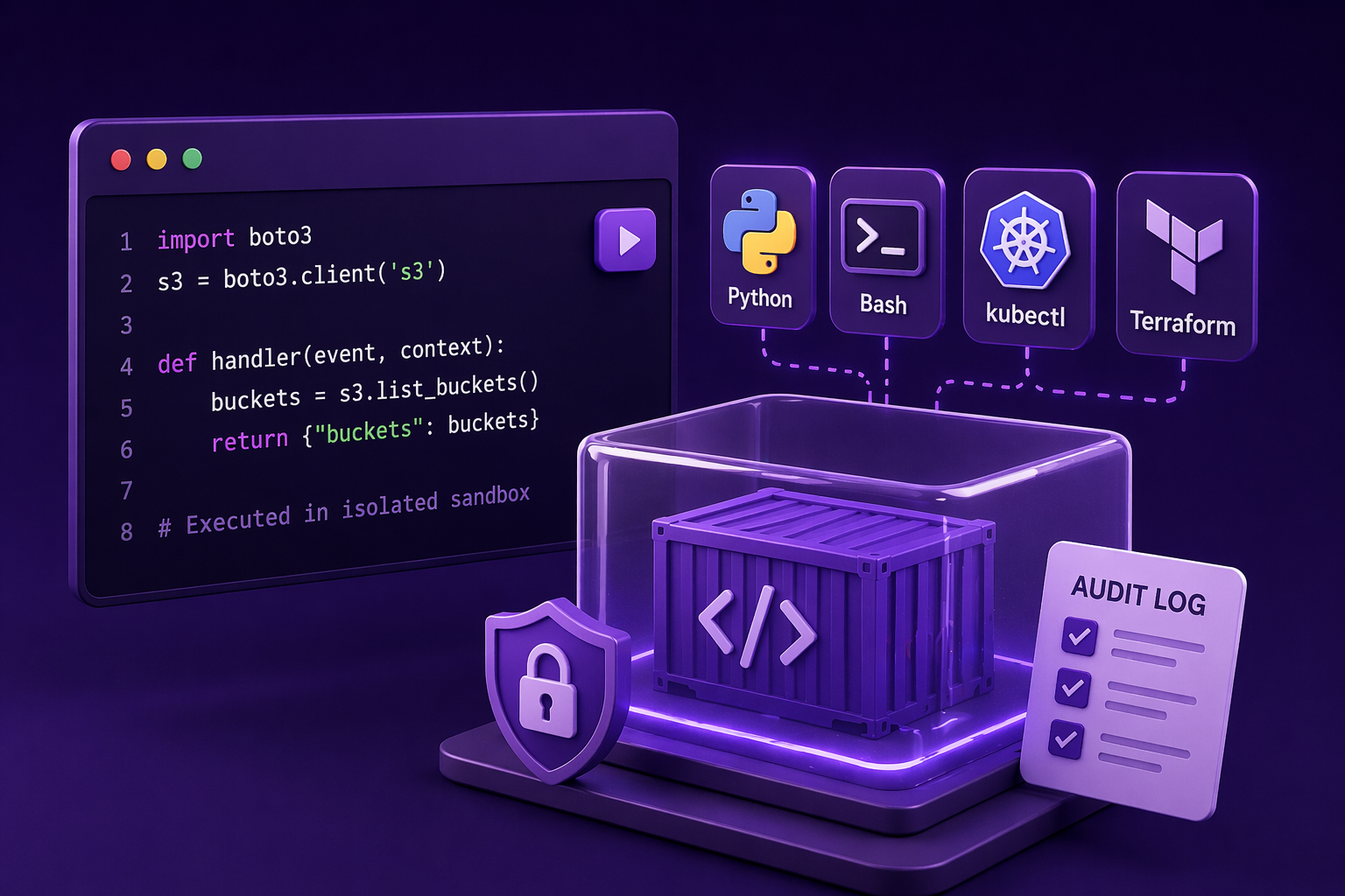 Isolated code sandbox executing Python, Bash, kubectl, and Terraform as native DevOps workflow steps with runtime secret injection and full audit logs
