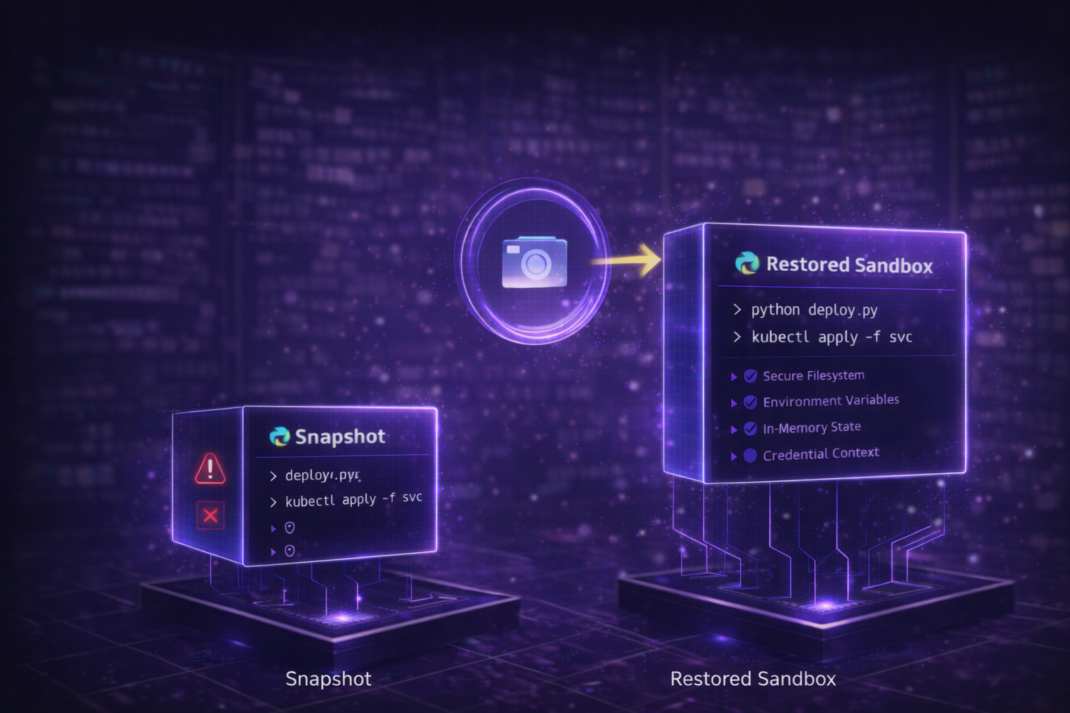 Illustration of sandbox snapshot and restore feature saving filesystem, memory, environment variables, and credential context for instant failure recovery and workflow replay