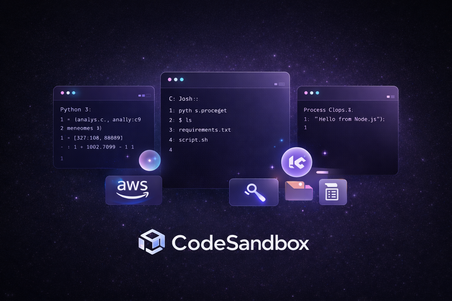 Code sandbox interface showing isolated container execution for Python, Bash, and JavaScript with no shared state, snapshot and restore between runs, runtime secret injection, cloud API connectivity, and full audit logs of every execution