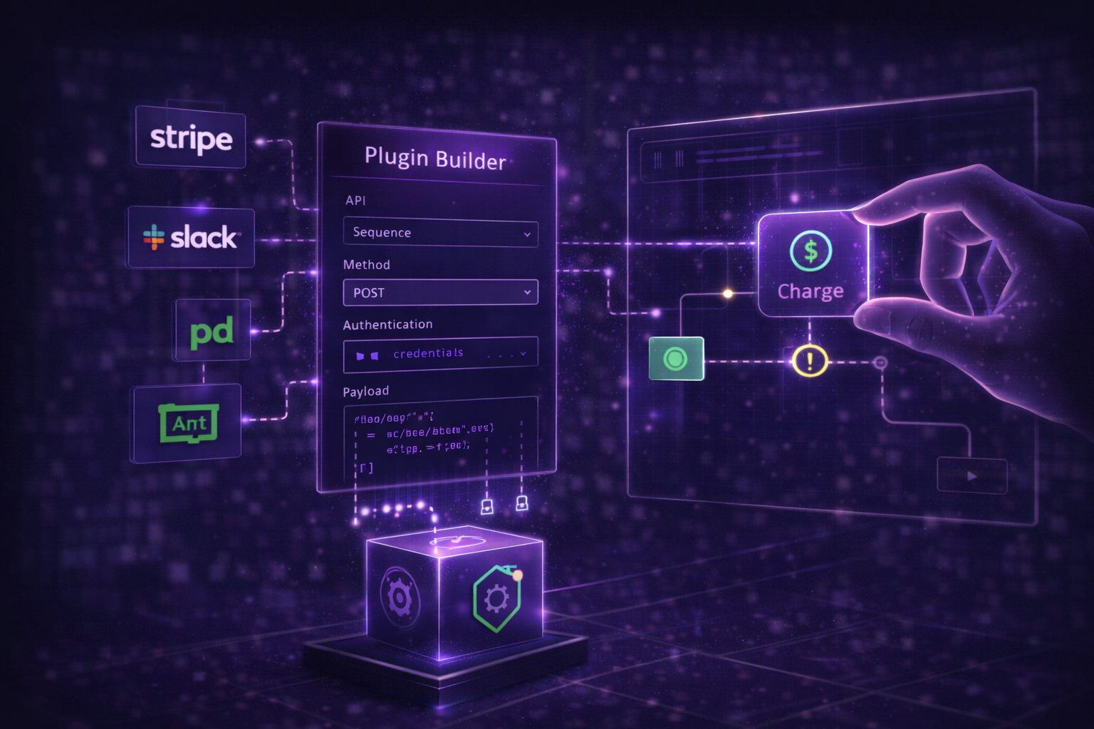 Plugin builder interface turning Stripe, Slack, PagerDuty, HTTP and gRPC APIs into drag-and-drop workflow activity nodes with named events and payload mapping