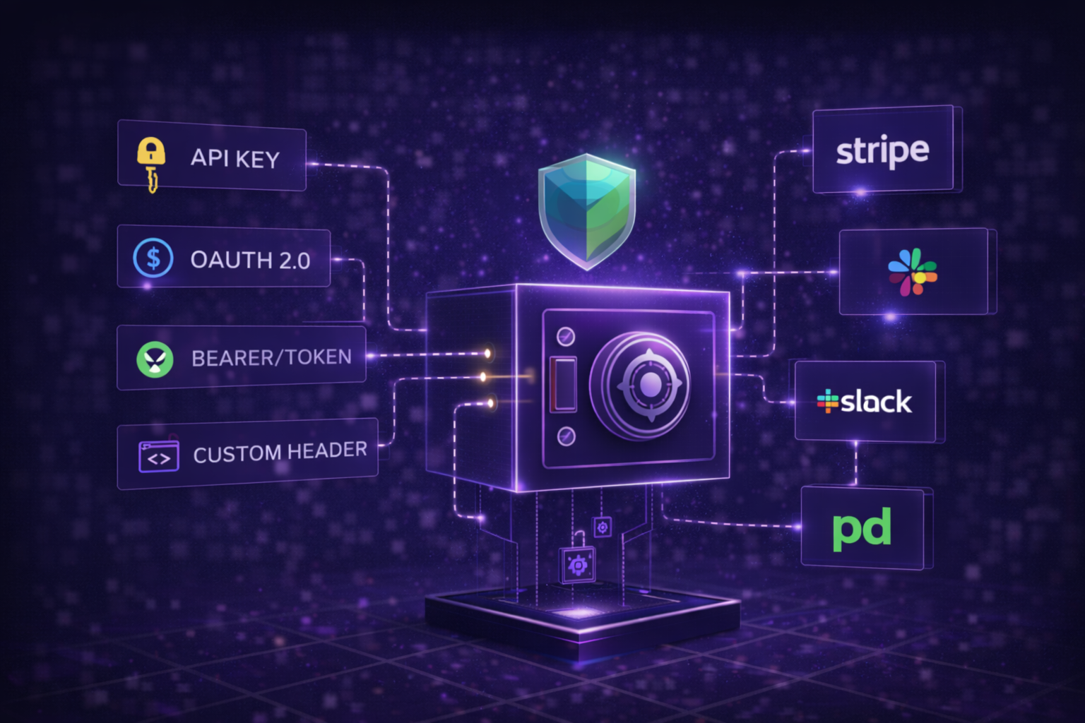 Secure credentials encrypted vault storing API keys, OAuth tokens, and service credentials with automatic rotation support for API key, OAuth 2.0, bearer token, and custom header authentication across all workflows